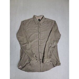 Hugo Boss Shirt Mens L Olive Green Black Plaid Slim Cotton Preppy Flip Cuffs